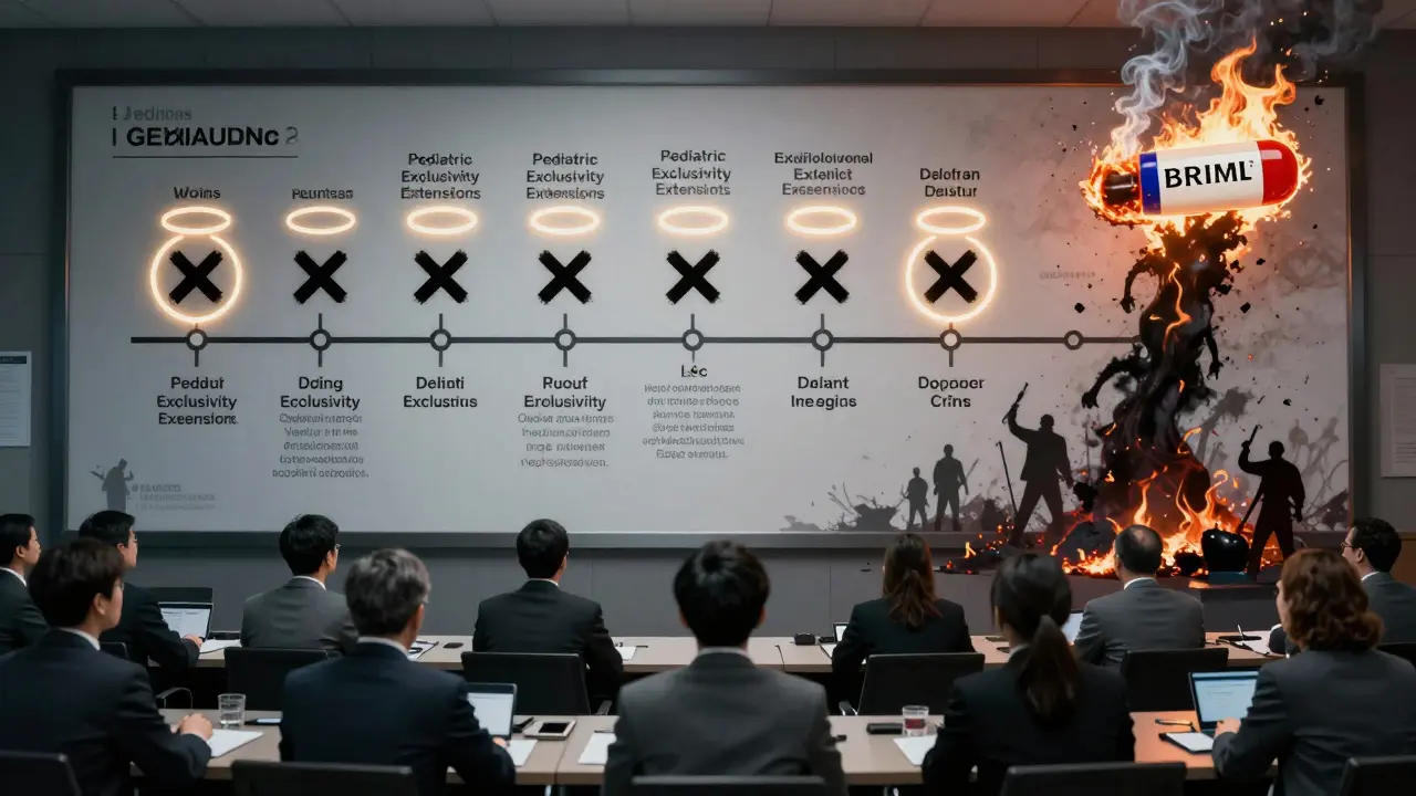 Overhead view of a war room with a timeline of drug patents and exclusivity extensions, generic drugs rising from ashes.
