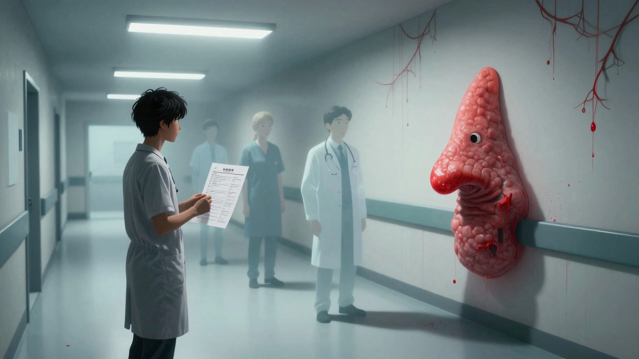 Patient holding symptom checklist in clinic, shadow morphing into polyp, doctors turning away in blurred silence.