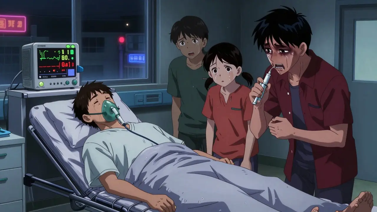 Patient in ER with oxygen mask, family holding used epinephrine injector under dim neon lights.