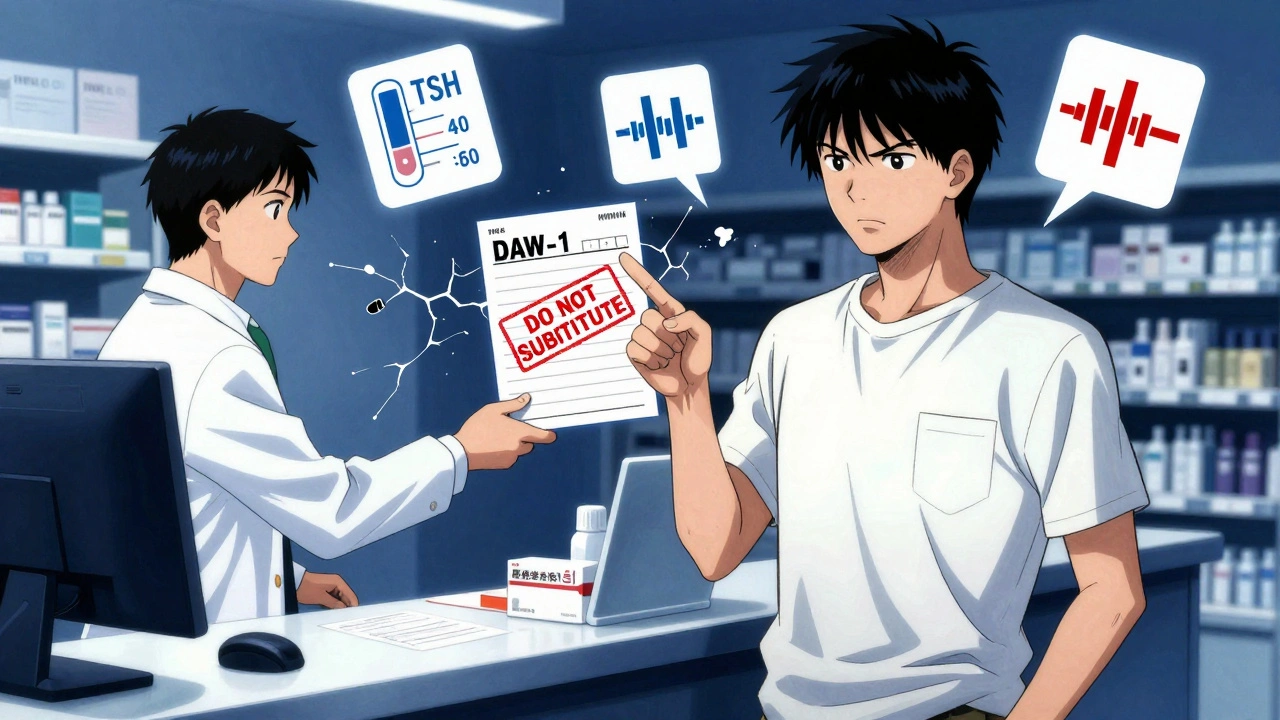 Patient refusing generic substitution at pharmacy, prescription marked &#039;DAW-1&#039;, medical symbols floating around.