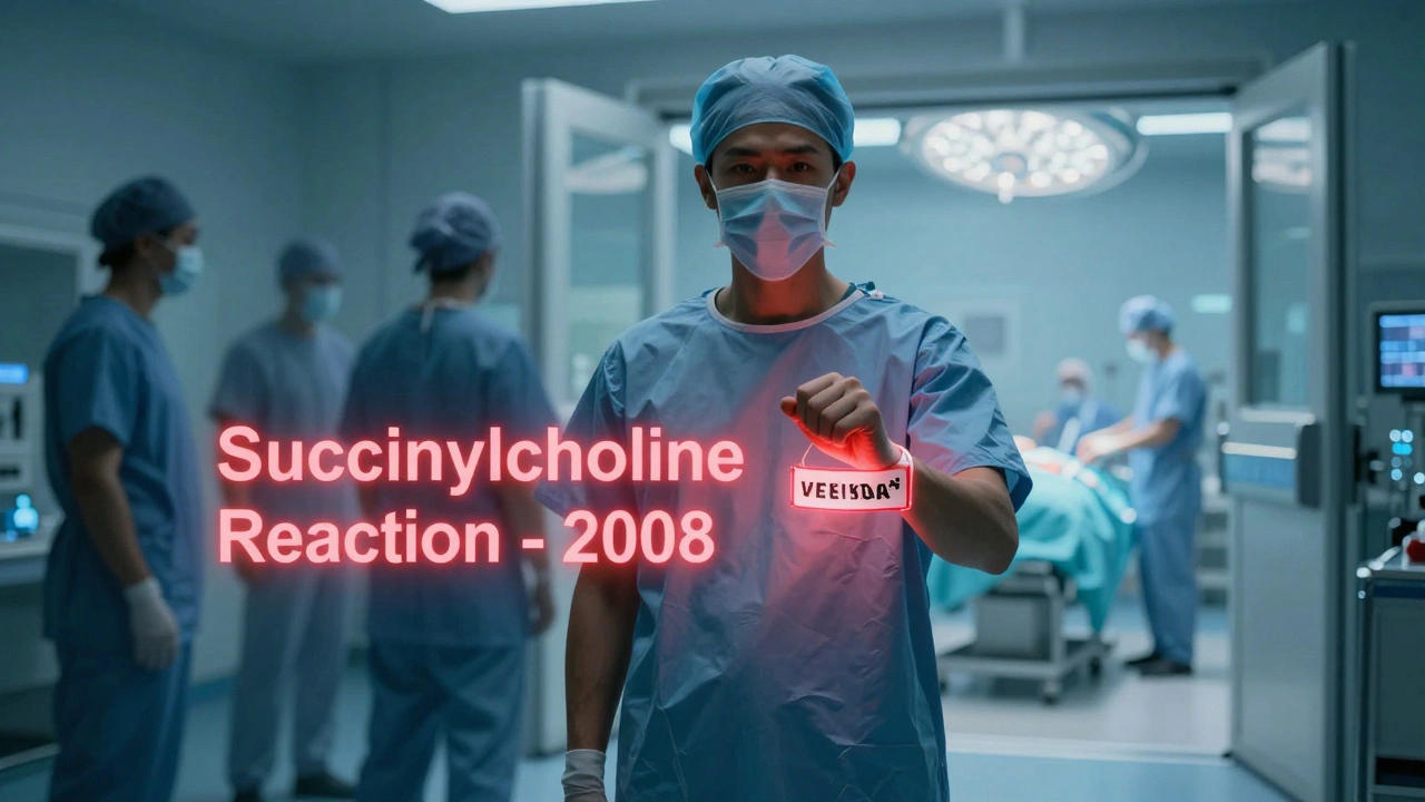 Patient showing medical alert bracelet as glowing text reveals past drug reaction before surgery.