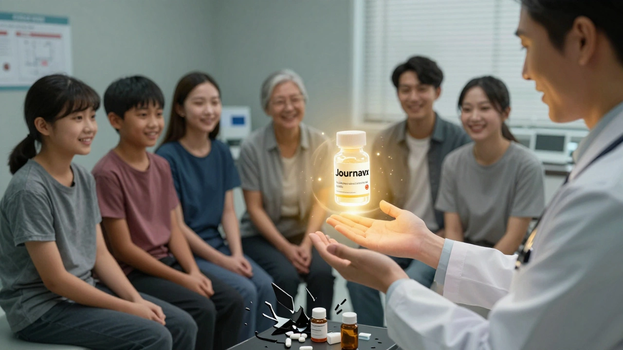 Patients receive safe non-opioid pain meds as a glowing new drug, Journavx, shines above their doctor's hand.