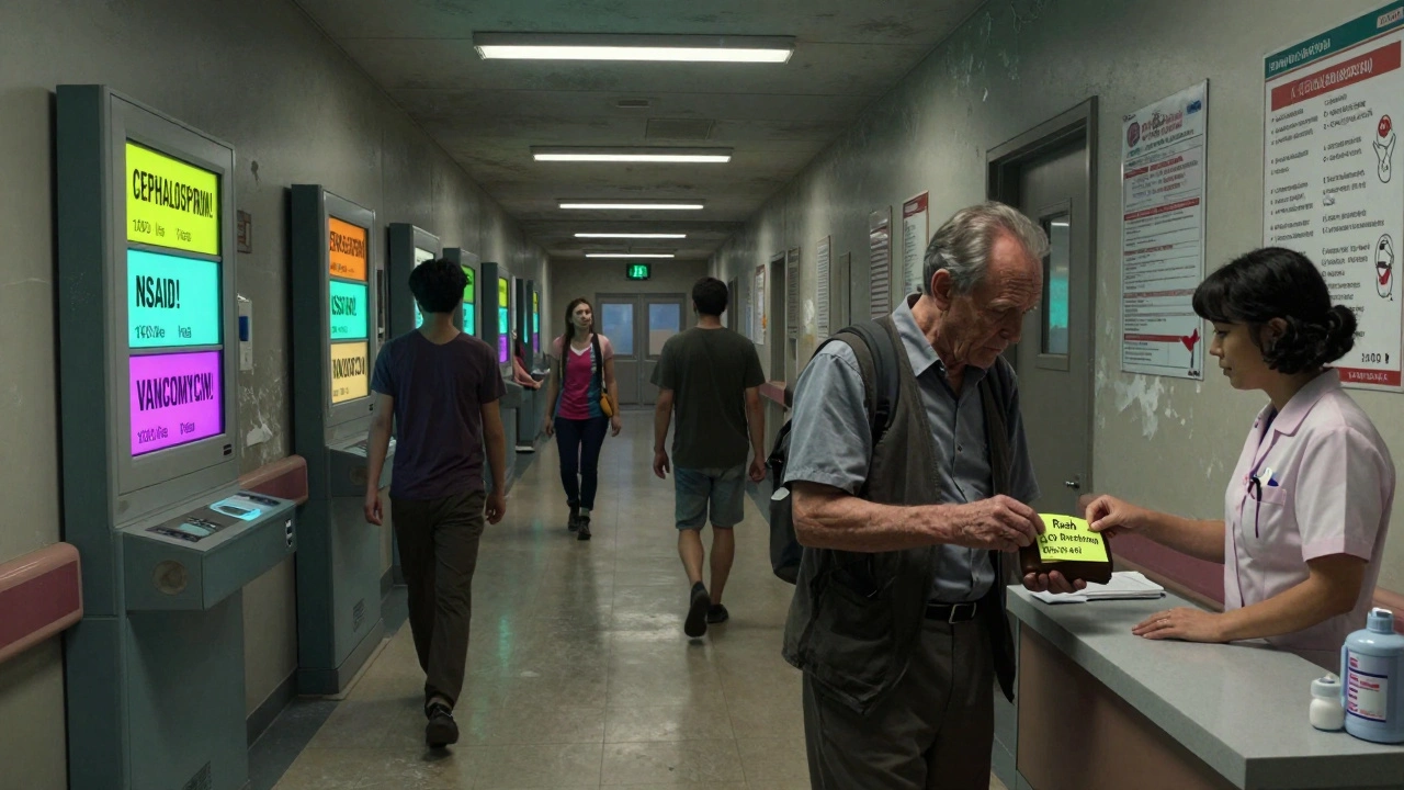 Patients walking past flashing allergy alerts in hospital hallway as man submits allergy note.