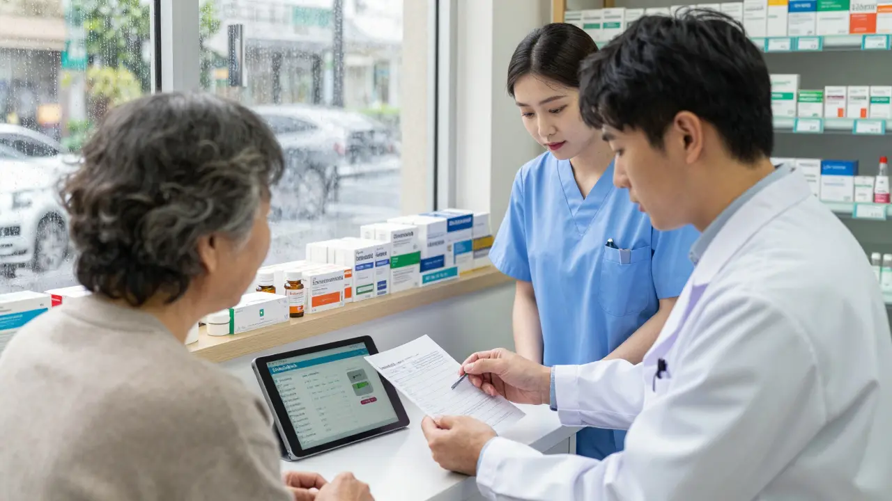 Pharmacist and senior reviewing medication list on tablet at pharmacy, caregiver nearby, warm light in rainy setting.