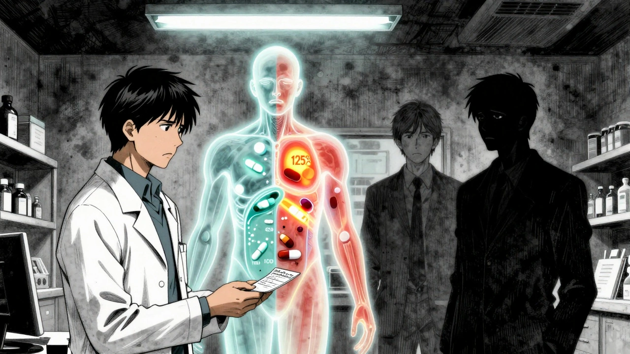 Pharmacist handing prescription as transparent body shows uneven drug absorption rates.