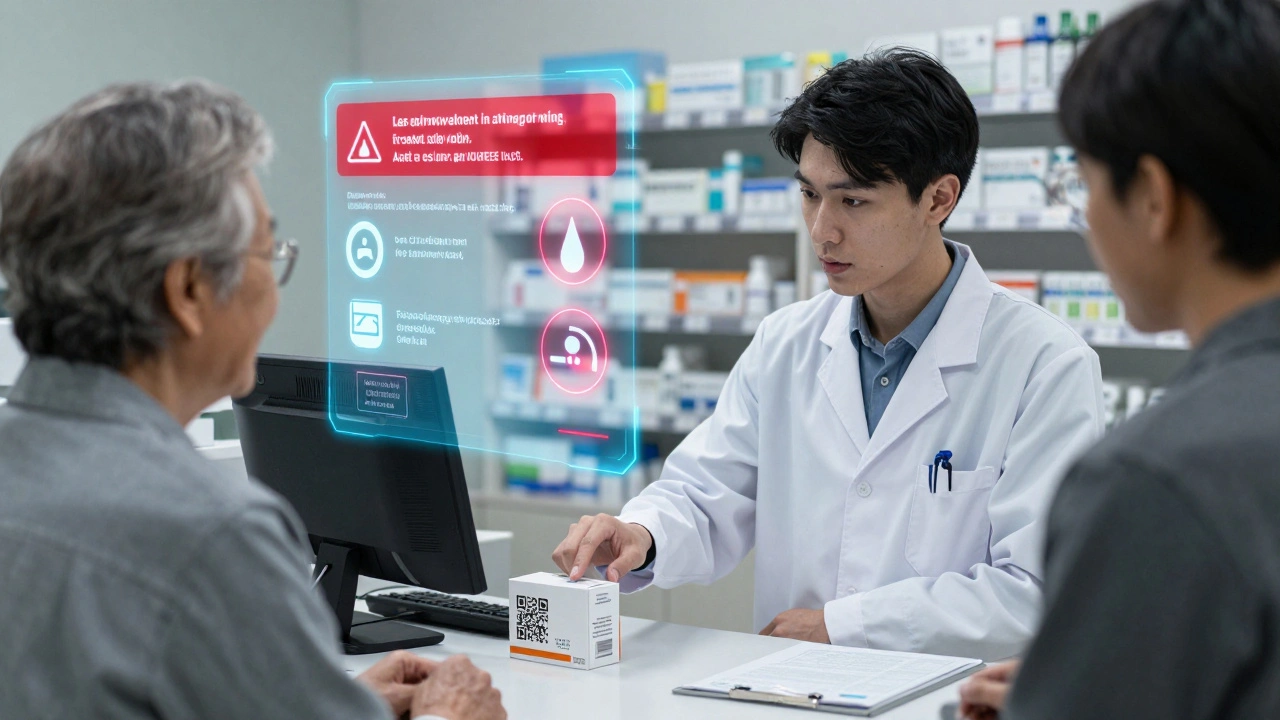 Pharmacist helping patient scan QR code, floating digital safety warnings glowing behind them in a clinic.