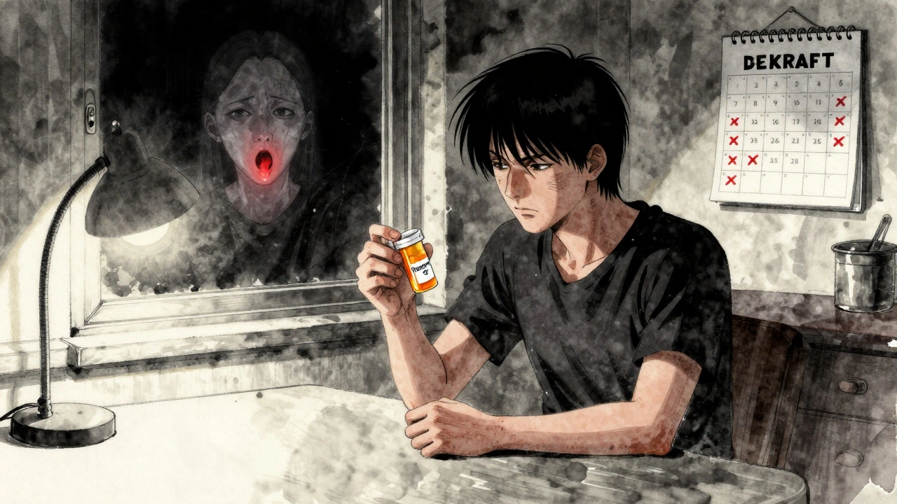 Someone holding antiviral pills at night, their reflection revealing a hidden cold sore.