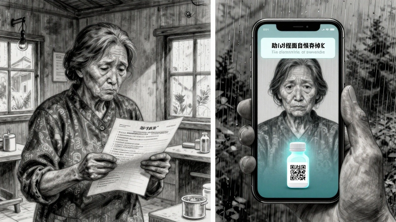 Split scene: elderly woman confused with paper info vs. her phone playing audio guide, rain on window.