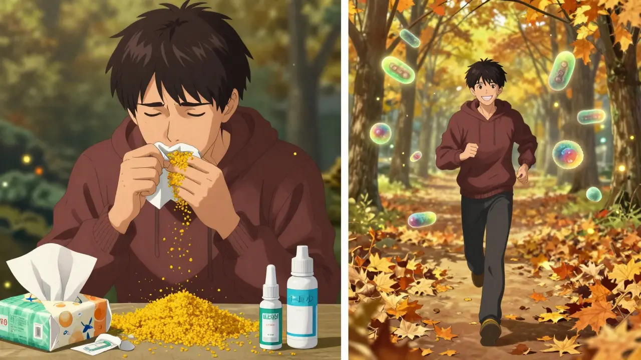 Split scene: left shows allergy suffering amid pollen, right shows the same person jogging freely with glowing immune cells around them.