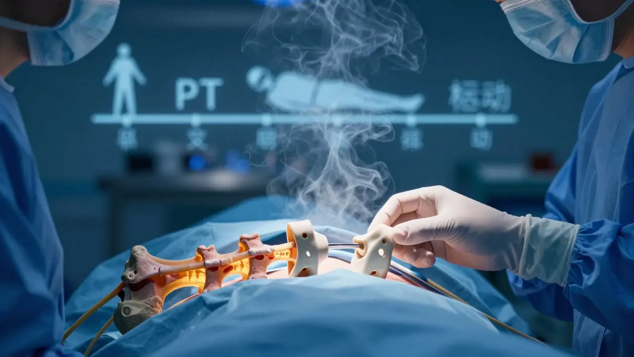 Surgeon inserting a spinal spacer, nerves glowing, with a fading timeline of recovery in shadowy anime detail.