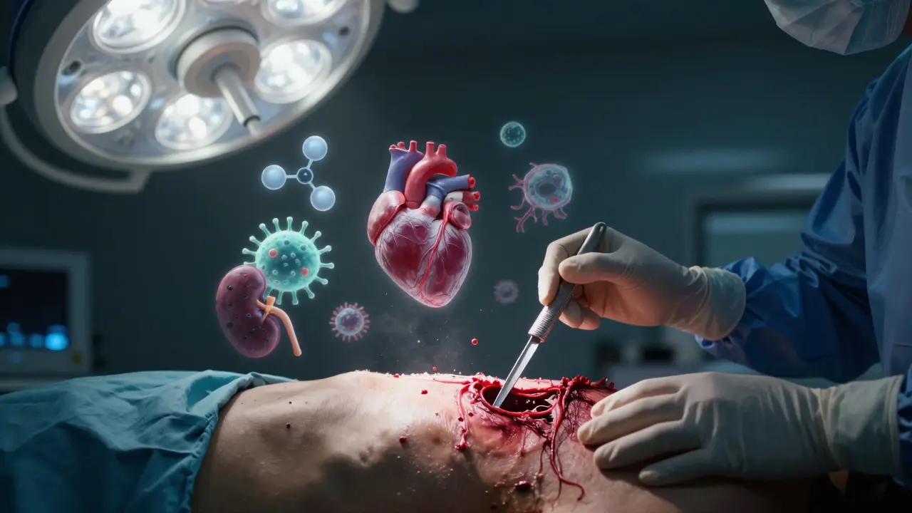 Surgeon performing debridement on necrotic tissue, floating medical icons in background