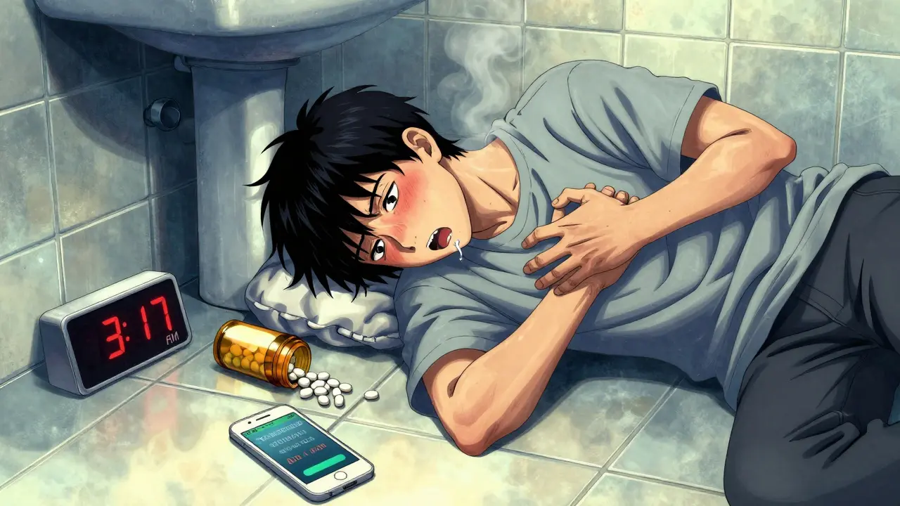 Teenager collapsed on bathroom floor after overdosing on antihistamine pills, phone showing poison control.