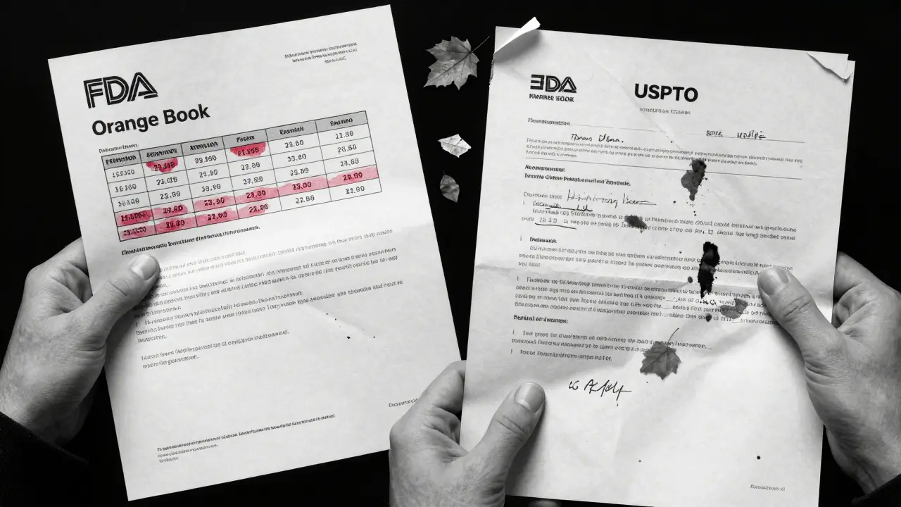 Two hands comparing FDA Orange Book and USPTO patent documents with corrected expiration dates.