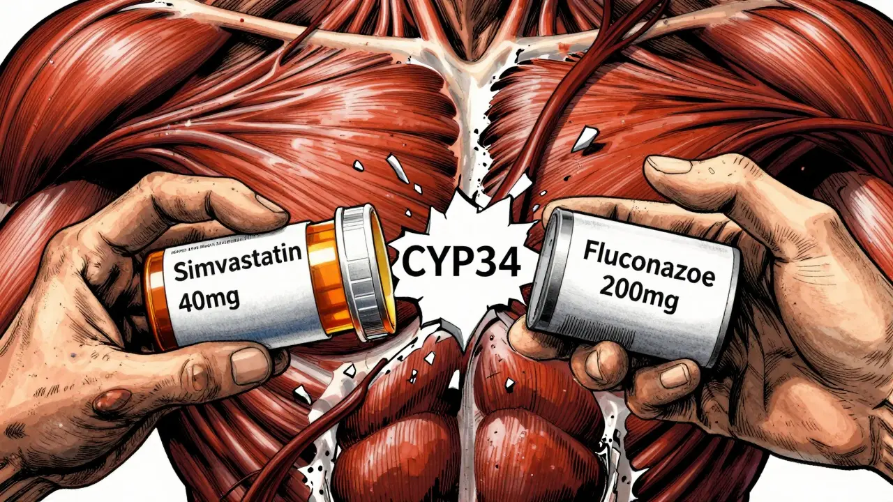 Two hands holding statin and antifungal prescriptions with exploding enzyme and dissolving muscle fibers.