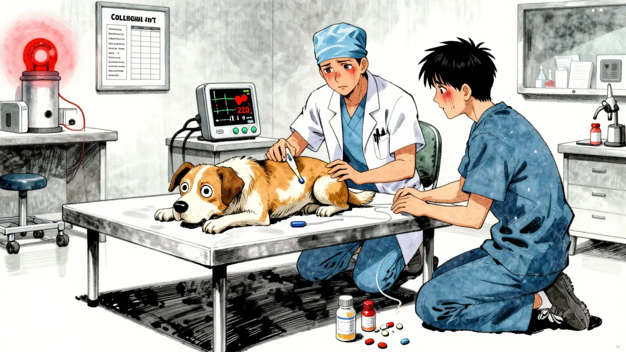 Vet checking a dog's heart rate in emergency clinic, owner distraught, pill bottles on floor.