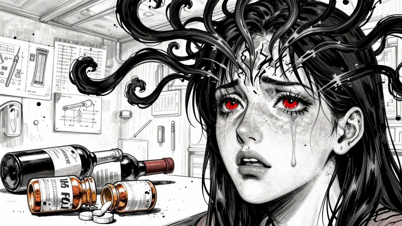 Woman&#039;s face showing severe nasal and eye reaction, black polyp tendrils rising from sinuses, spilled meds nearby.