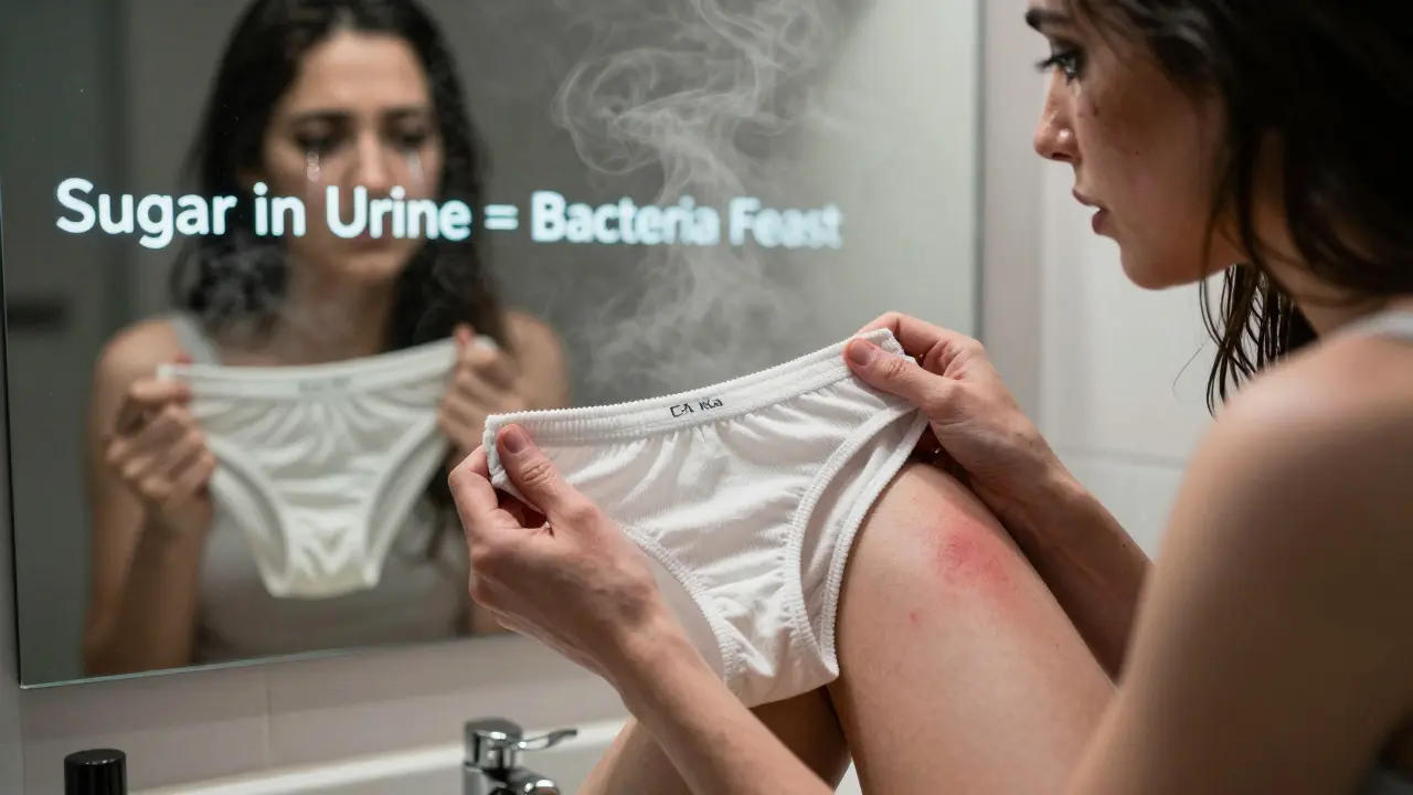 Woman examining red rash on thigh in bathroom mirror, steam rising, emotional intensity