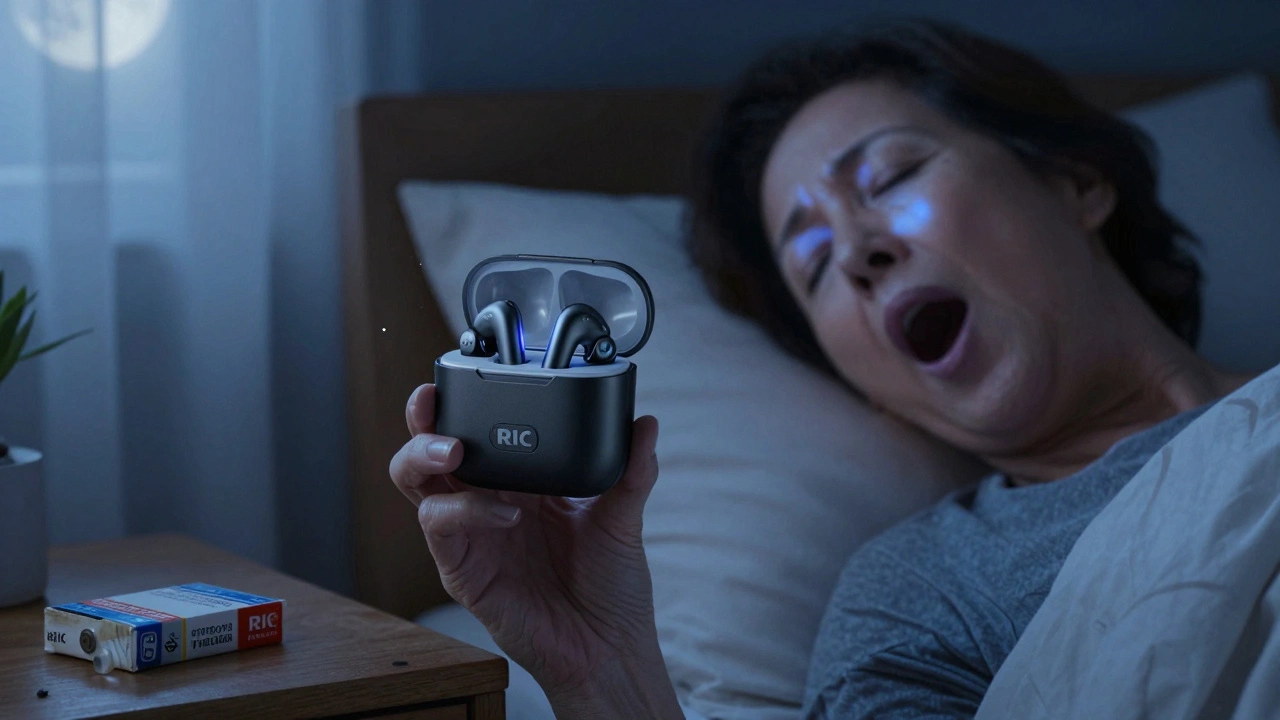 Woman placing hearing aids into a charging case at night with soft blue LED glow.