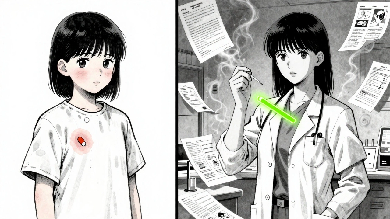 Woman recalling childhood rash while receiving a penicillin skin test in clinic.