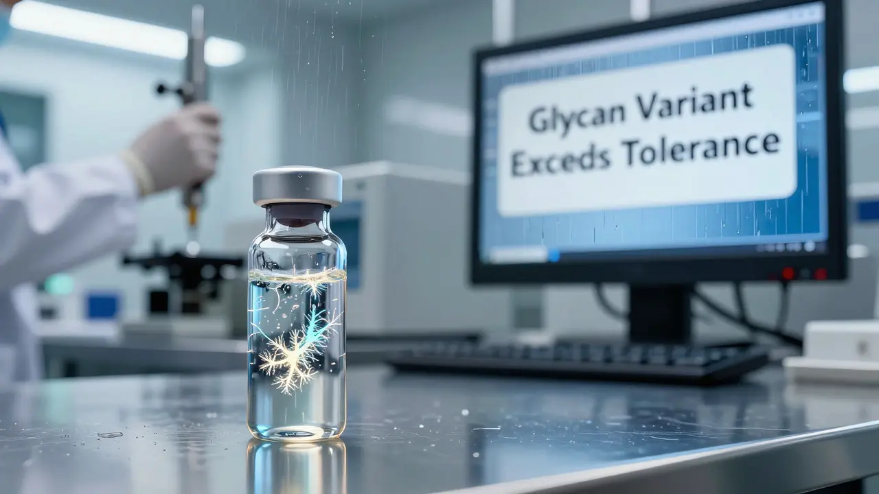 A biosimilar vial with glowing sugar chains, a technician adjusting a valve, and a warning on a monitor.