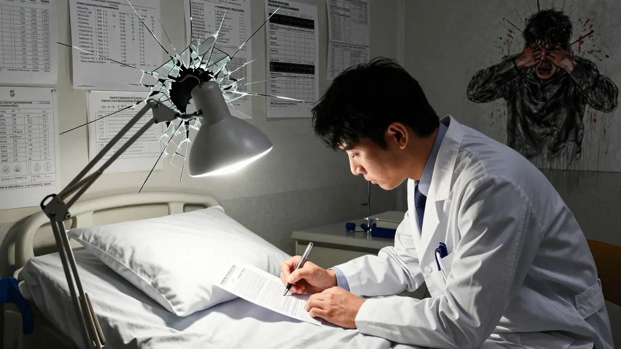 A doctor writes an appeal letter as medical charts crack behind them, with a patient having a seizure in the background.