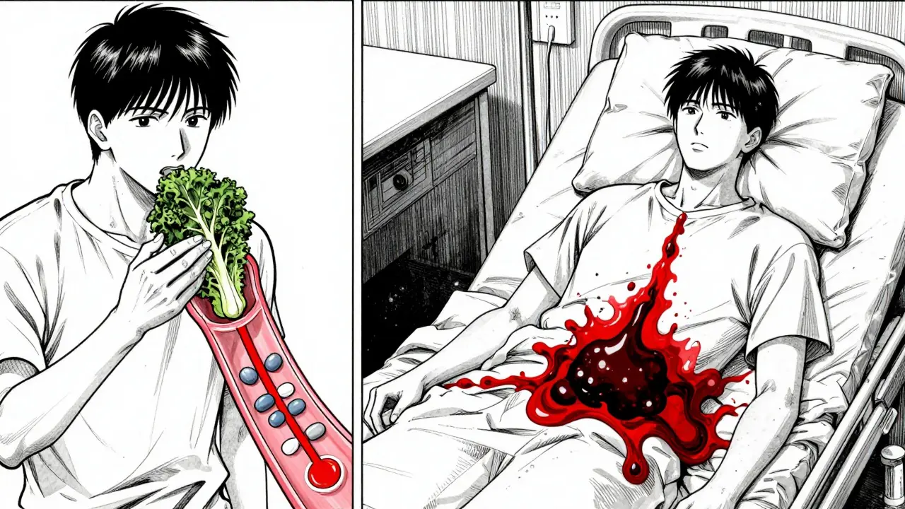 A man eating kale with blood clots forming in his vessels, illustrating warfarin interaction.