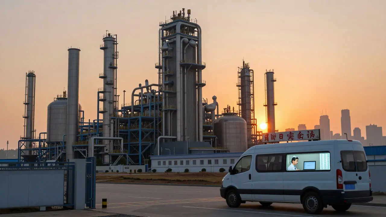 A massive biosimilar facility at dawn as a small startup van drives away under a cold sunrise.