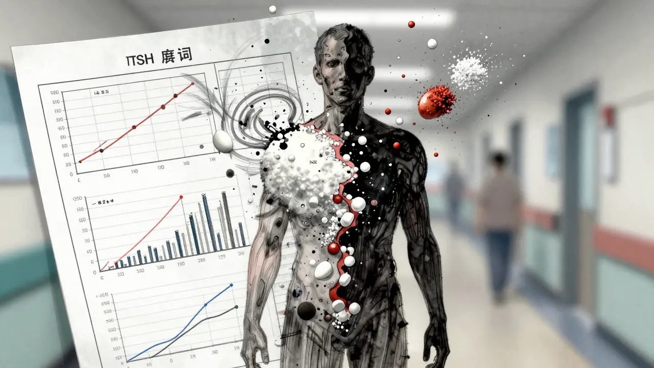 A medical chart with wild graphs overlays a human silhouette surrounded by floating pill ingredients.