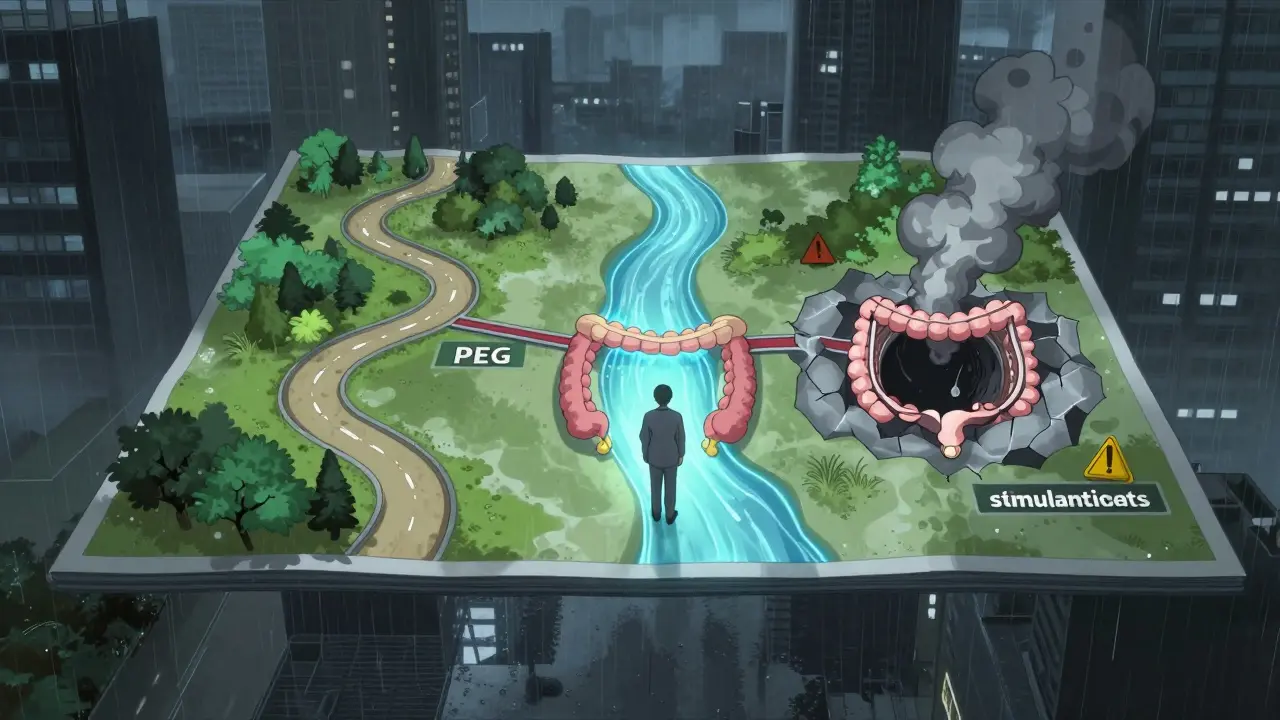 A medical diagram showing three treatment paths: fiber, PEG, and stimulants, with one path glowing as the correct choice.