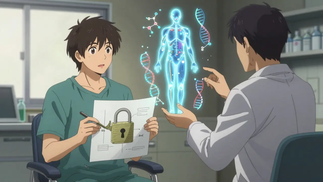 A patient and pharmacist reviewing a digital twin model of drug metabolism in a clinic.