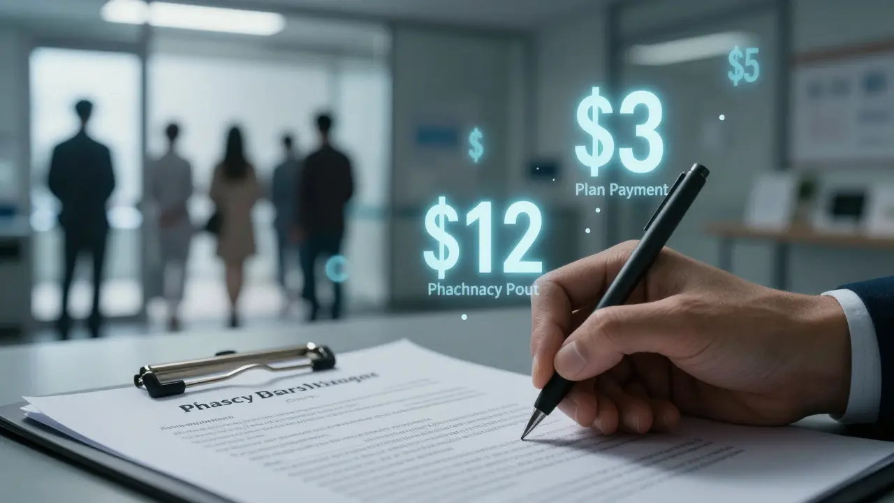 A PBM hand signs a contract as floating numbers reveal hidden profit from pharmacy reimbursement spread.