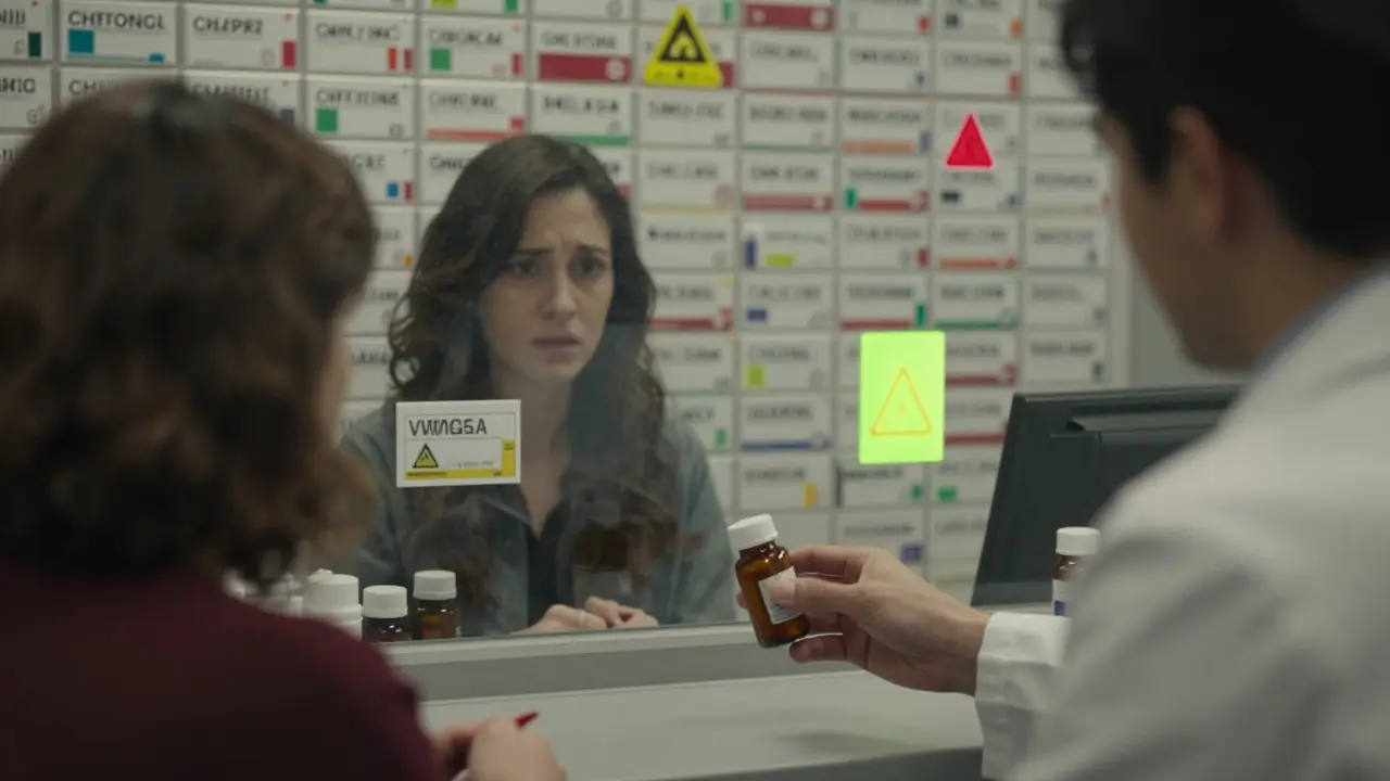 A pharmacist hands a generic pill bottle while endless identical boxes line the wall behind them.