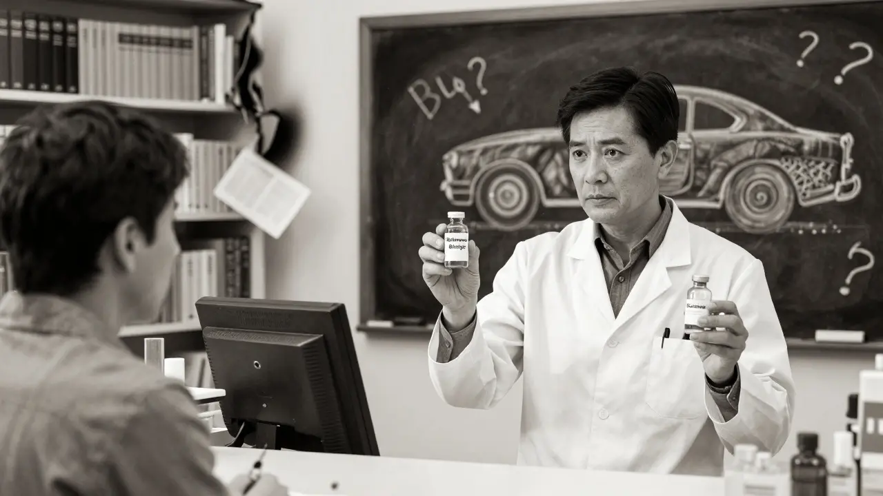 A pharmacist holds two vials labeled 'Reference Biologic' and 'Biosimilar' as a patient watches anxiously, with a car analogy sketch on a chalkboard.