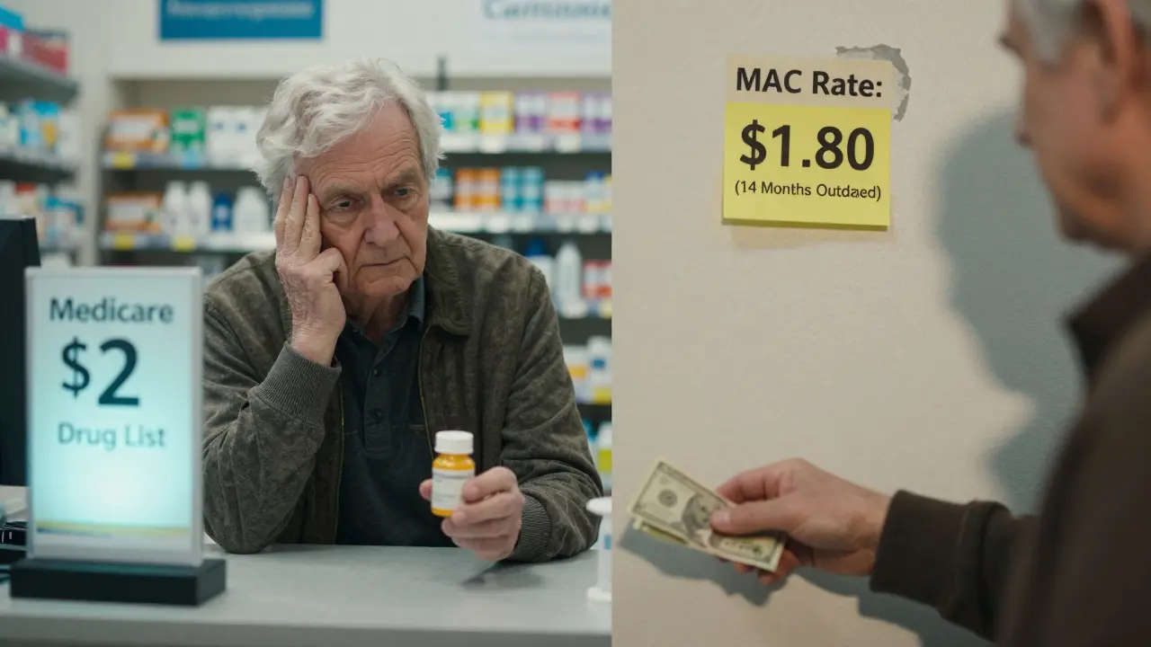 An elderly patient receives a  generic drug under Medicare’s new list, while an outdated MAC rate peels off the wall.