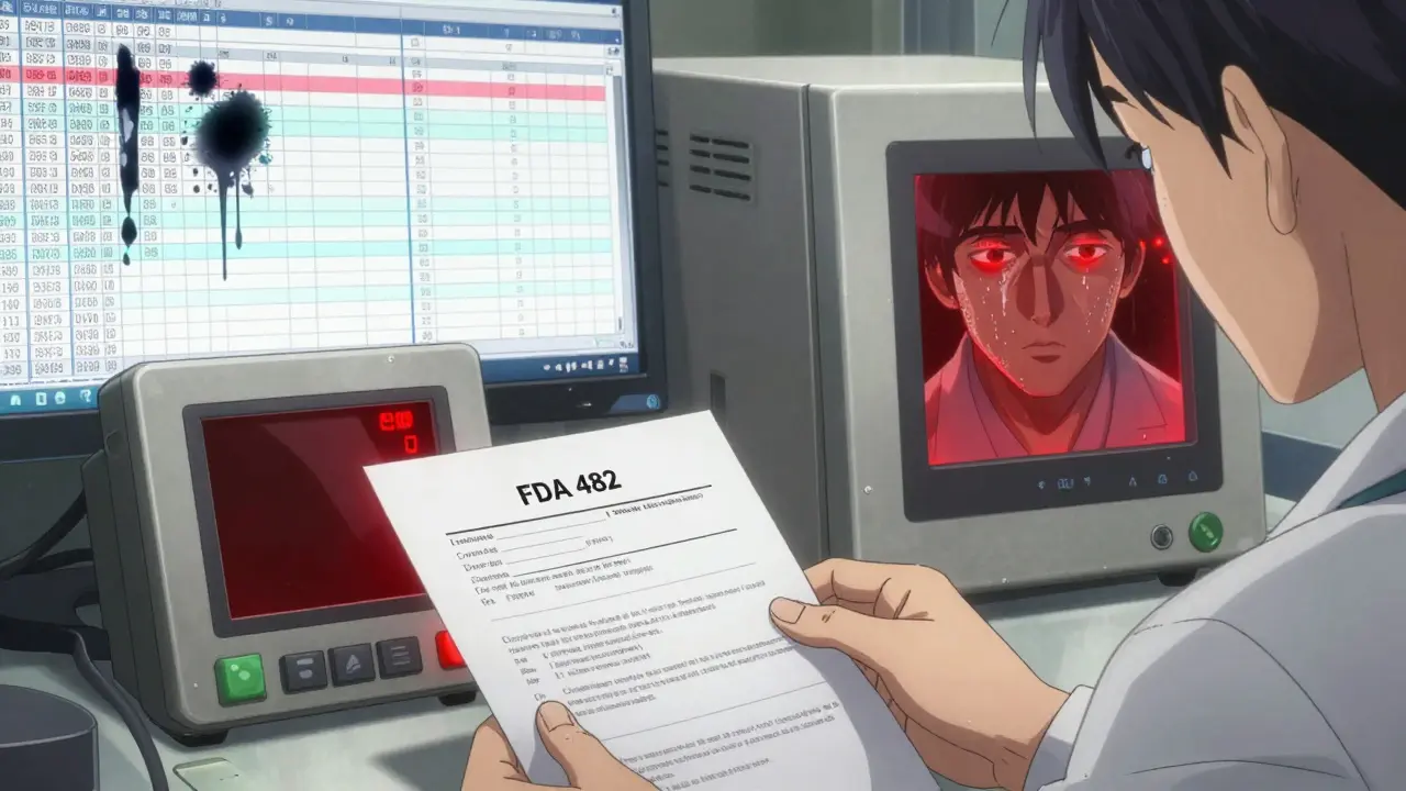 Close-up of FDA Form 482 on a desk beside broken equipment and corrupted digital logs.