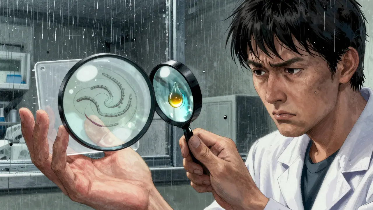 Dermatologist examining a nail slide under magnification, patient looking anxious, rain on window in dark clinic.