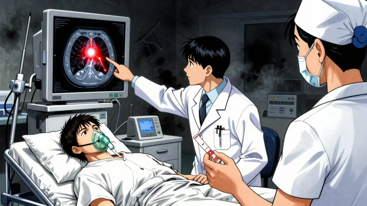 Doctor and nurse in ER reviewing CT scan showing lung clot, medical urgency in Gekiga style.