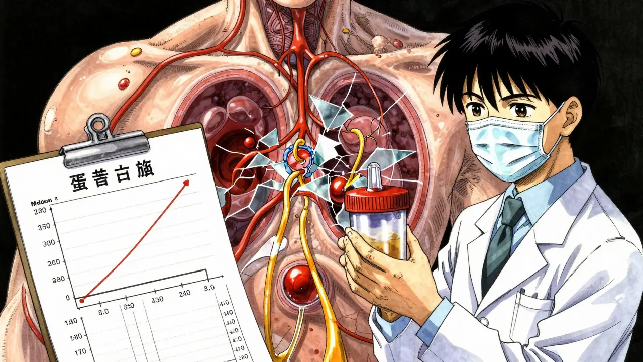 Doctor holding urine jug beside transparent kidneys leaking protein