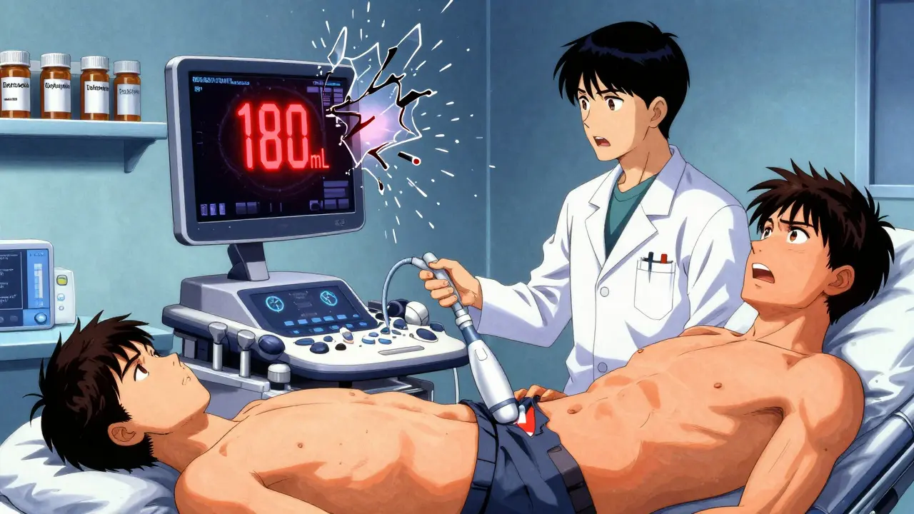 Doctor scanning a man's bladder with ultrasound showing dangerous residual urine, prescription bottles breaking behind them.