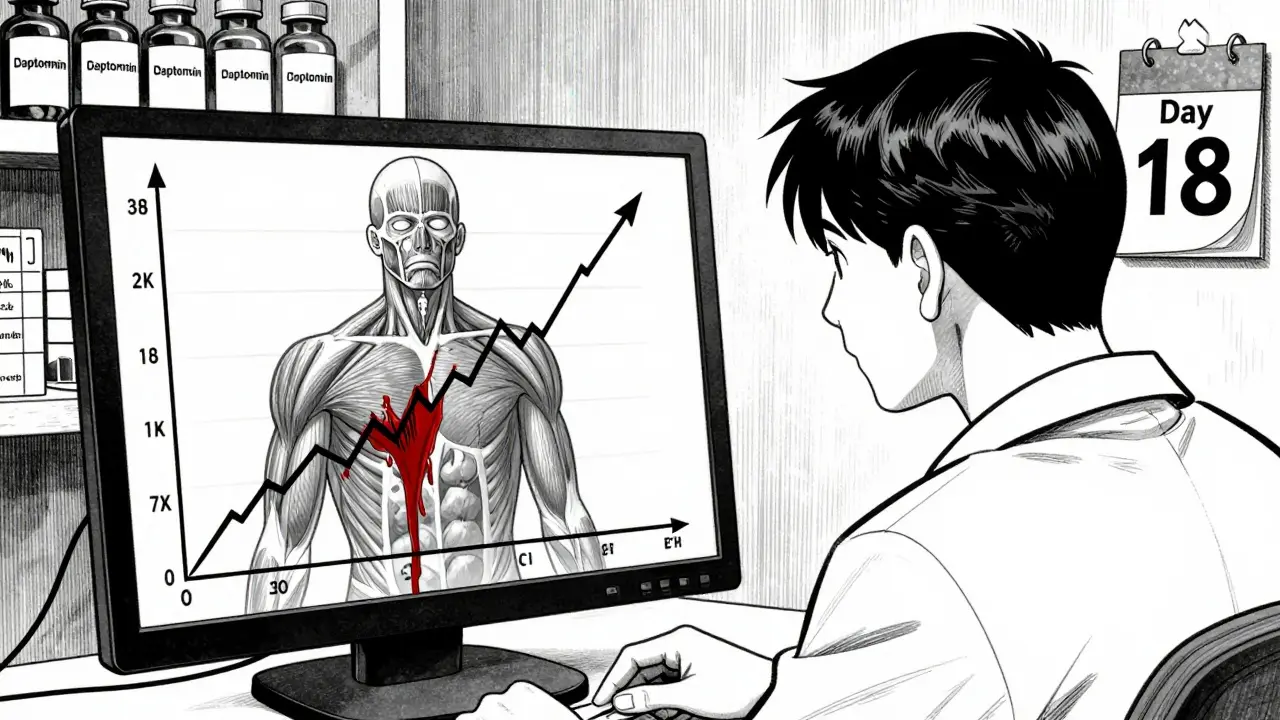 Doctor viewing rising CK graph with muscle fibers breaking down in transparent torso