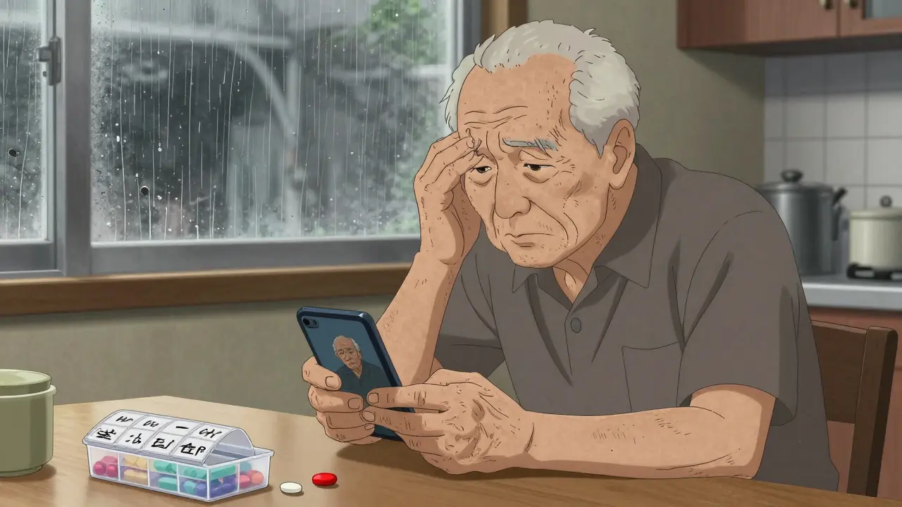 Elderly man comparing a photo on his phone to his new pill, trembling hands, rainy window in background.
