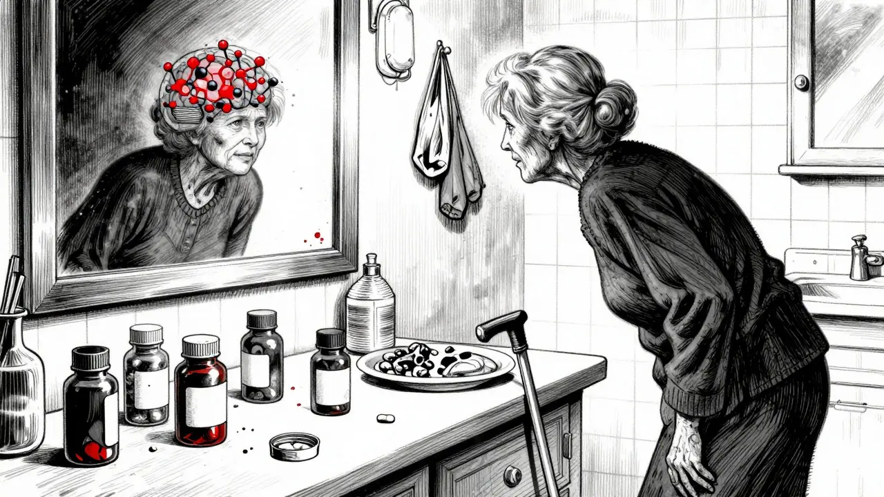 Elderly woman stumbling in kitchen, with drug molecules swirling in her mirror reflection.