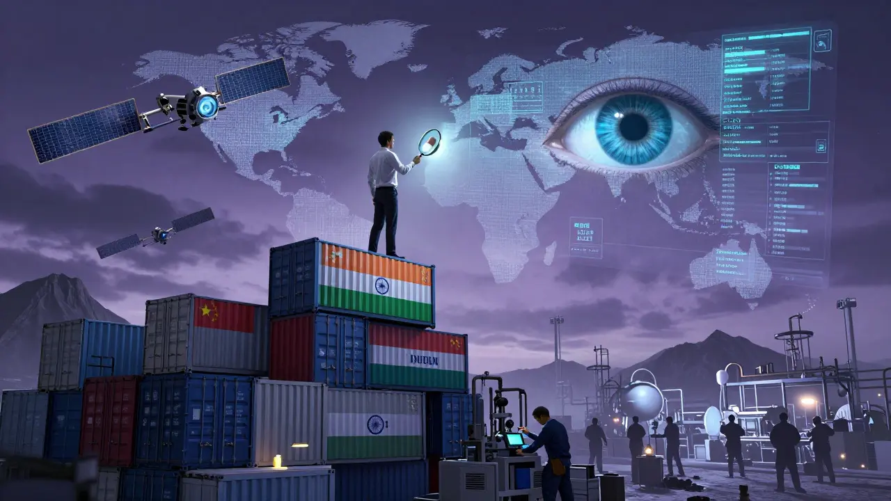 FDA inspector atop global shipping containers, magnifying a glowing pill as data eye scans the world below.