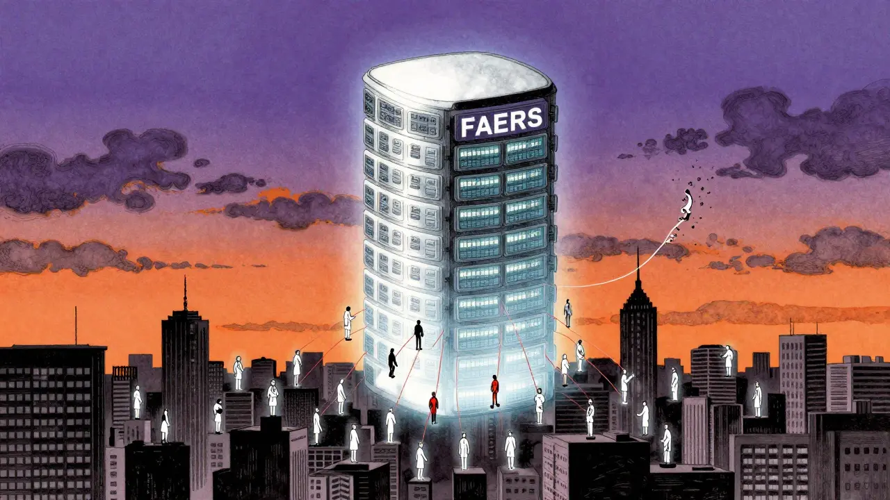 Floating drug safety database connected by threads from everyday people