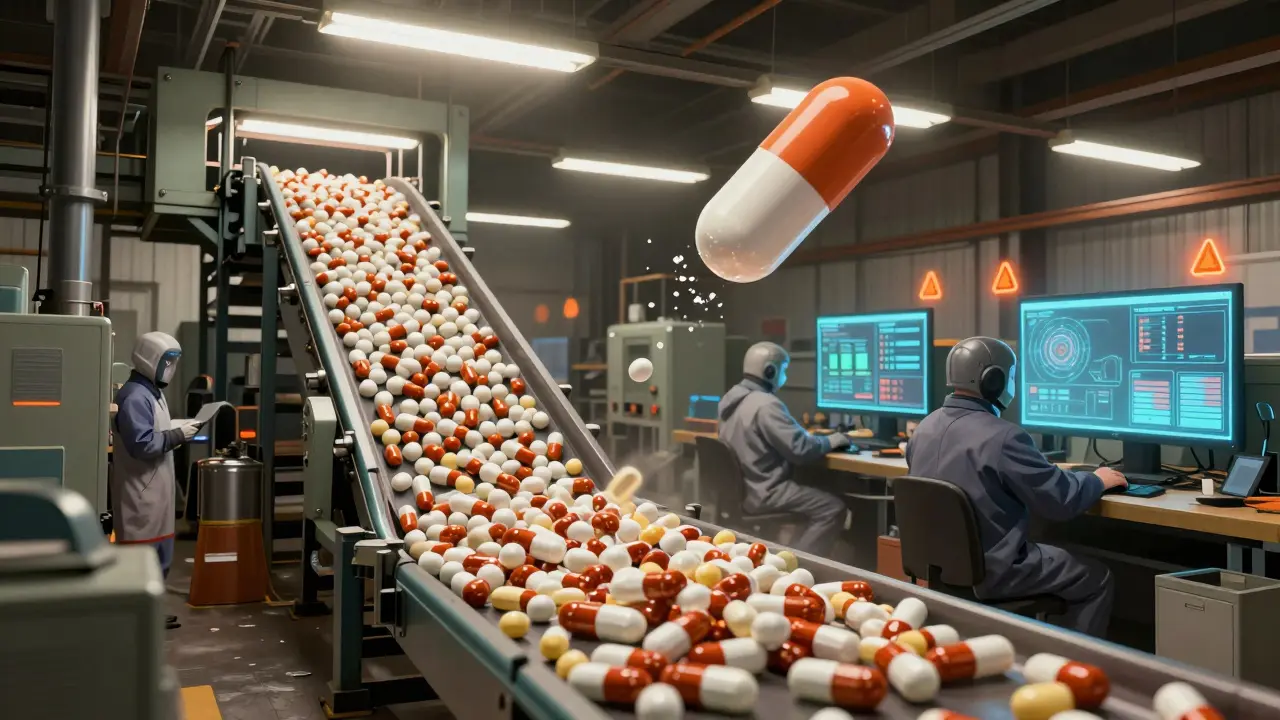 Industrial warehouse with conveyor belts of generic pills under harsh lights, workers monitoring quality dashboards.