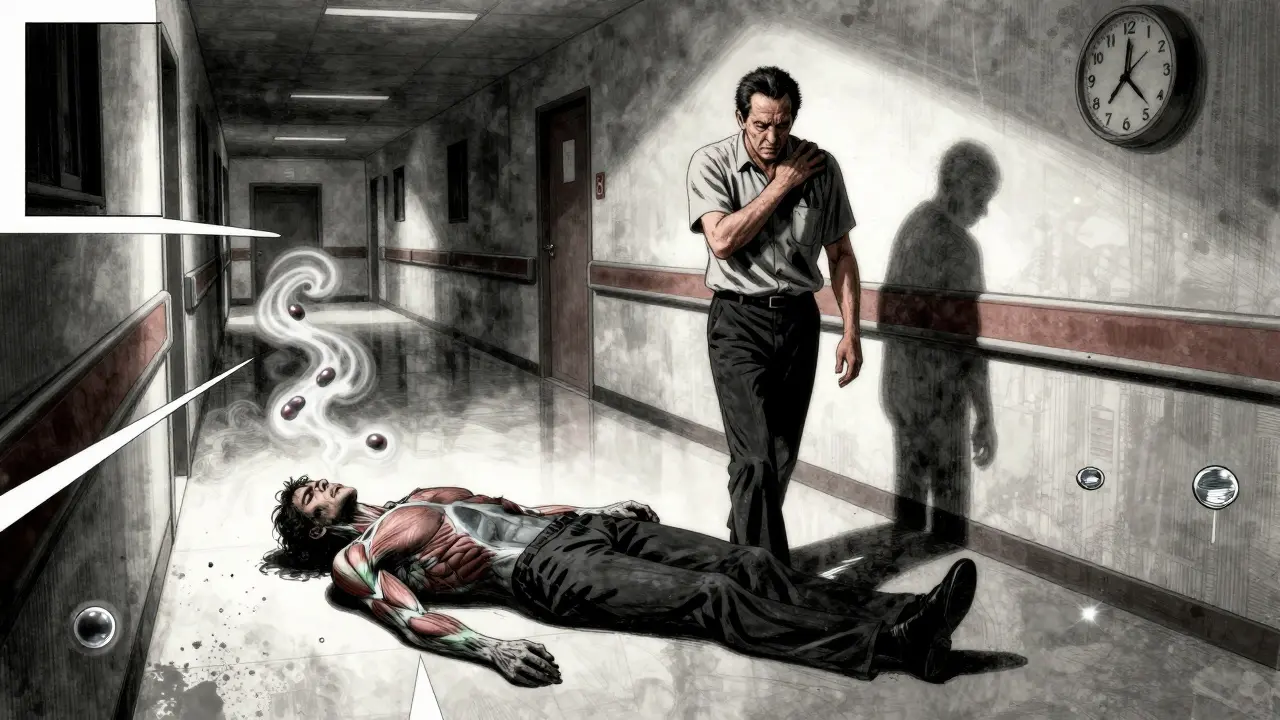 Man walking with muscle pain, ghostly double collapsing behind him under daptomycin smoke