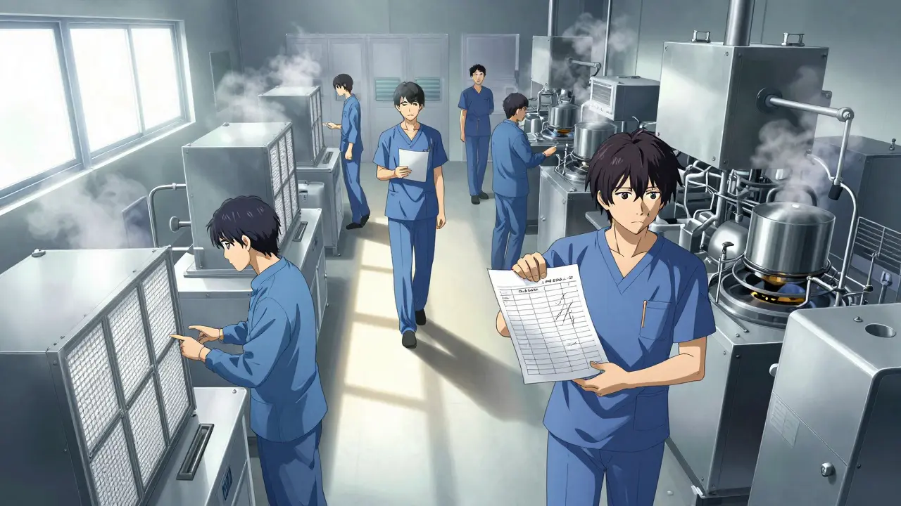 Overhead view of sterile manufacturing room with inspectors reviewing records among workers.