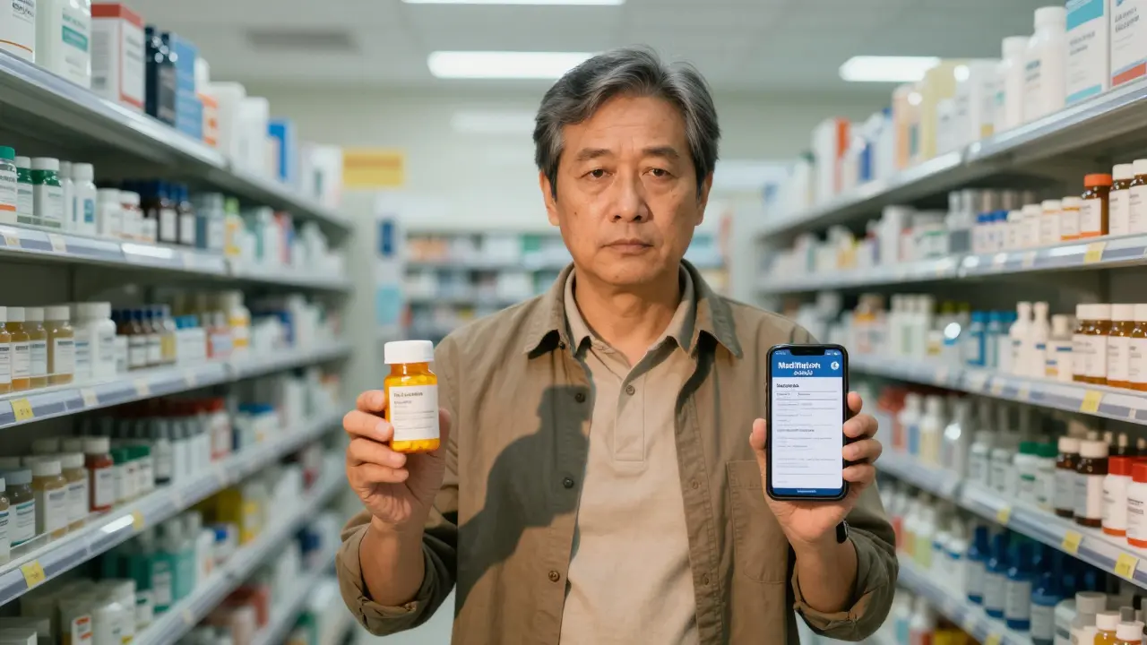 Patient filling out a MedWatch form on smartphone in a pharmacy