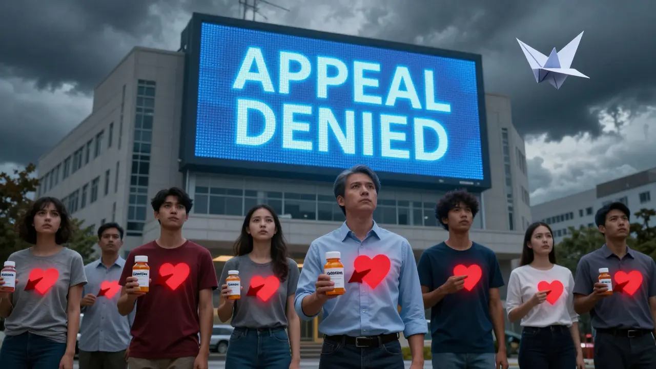 Patients protest outside an insurance building holding medication bottles, with glowing heart symbols and a denial screen above.
