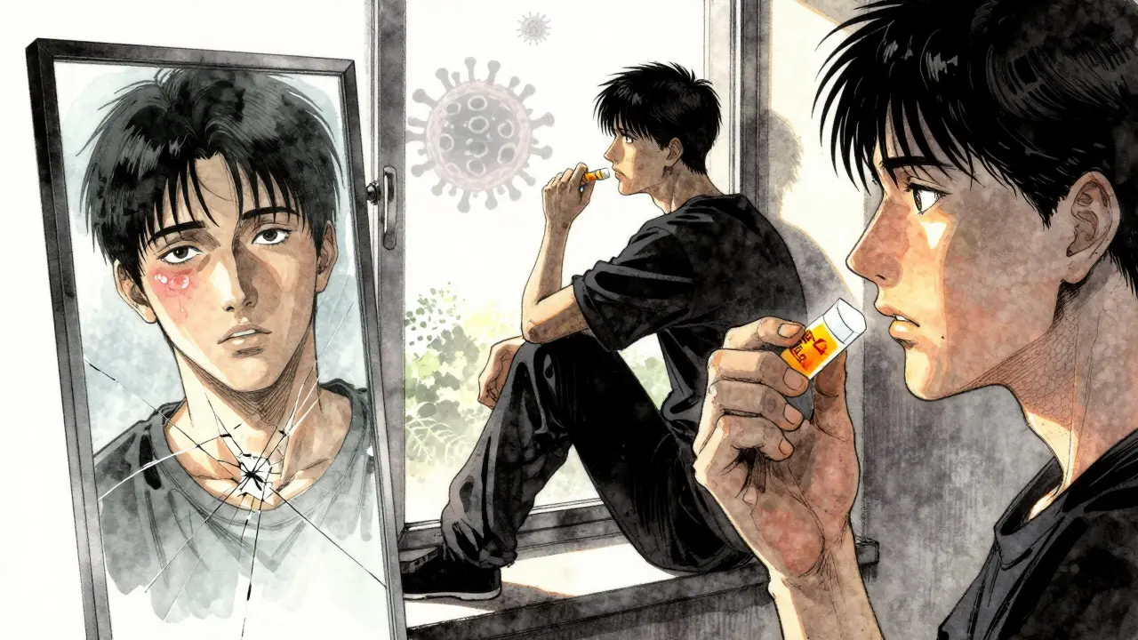 Person applying lip sunscreen at dawn, ghostly virus fading, dual reflection in mirror.